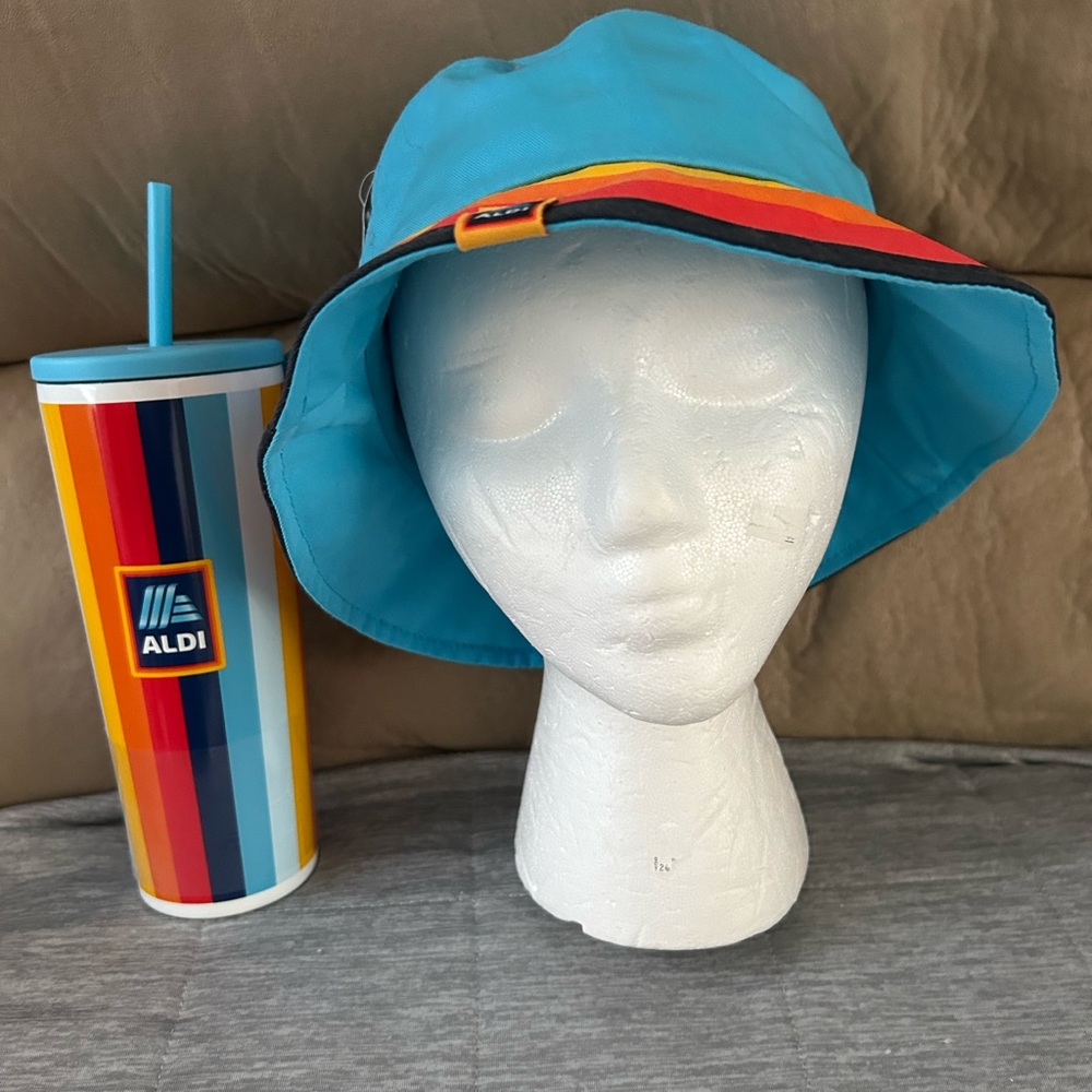 Aldi Blue Bucket Hat with Multicolor Band and tumbler with straw NWT